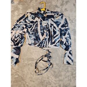 The Curve by Judani Blue White Geometric Mesh Wrap Crop Top Blouse Plus Size 3X